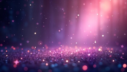 Purple stars fall on dark purple background with glowing bokeh lights. Impressionist style painting evokes mystical, magical night sky effect. Stars, lights create cosmic glow over deep purple