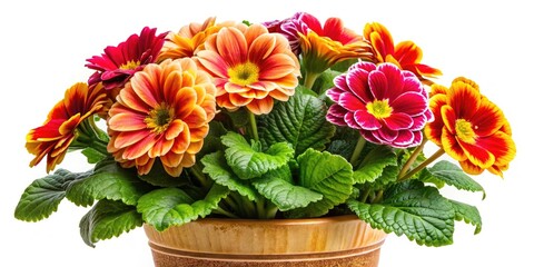 Studio-shot macro photography showcases a detailed floral ensemble; isolated plants, white backdrop, closeup blooms.