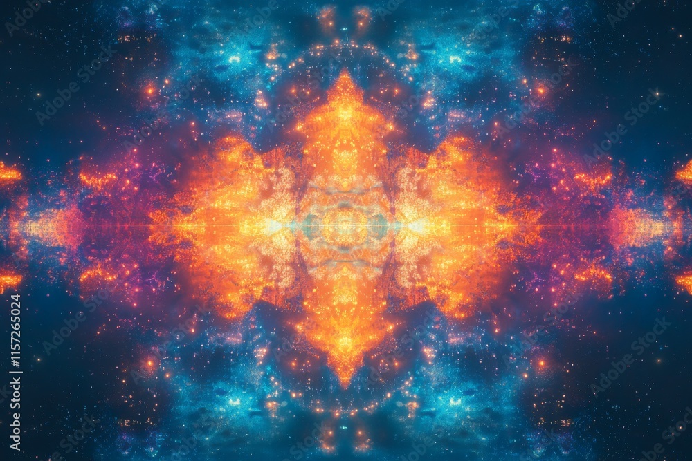 Aufkleber A striking symmetrical abstract image depicting a vibrant cosmic explosion with fiery and blue hues creating a dynamic, energetic visual experience.