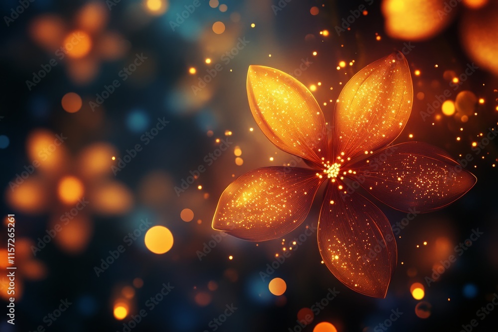 Poster an abstract flower radiating orange light amidst dark background and glowing orbs, creating a dream-