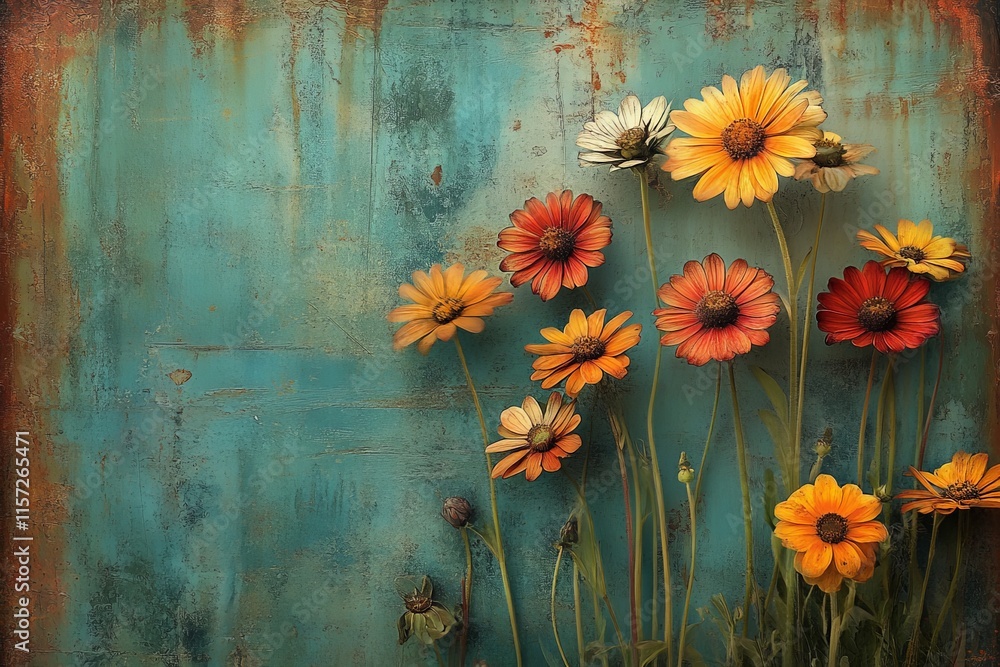Poster this image features an arrangement of colorful rustic flowers set against a teal textured backdrop, 