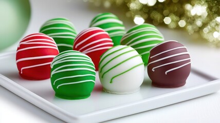 Obraz premium Colorful, festive chocolate treats arranged on a plate, ideal for holiday celebrations and dessert tables.