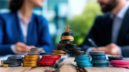 An artistic representation of stacked coins symbolizing financial growth and strategy, framed by blurred business professionals discussing important matters in the background.