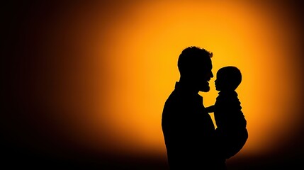 Father and Child Silhouette Against Vibrant Orange Sunset Background