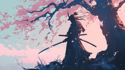 Obraz premium Samurai art with sakura tree, traditional anime style, calm and serene