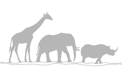 Silhouette of animals in the savannah. African landscape scene. Vector horizontal seamless tropical background with elephants, giraffes and rhinoceros. Grey isolated silhouette
