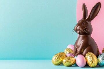 A delightful Easter scene features a chocolate bunny among colorful eggs on a pastel background, symbolizing the joy of Easter traditions and capturing the essence of springtime festivities