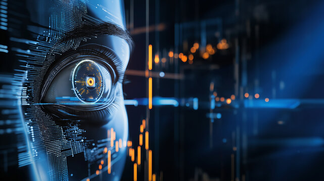 Futuristisches Roboter-Auge &uuml;berwacht digitale B&ouml;rsendaten im leuchtenden Cyberspace. High-Tech Visualisierung von KI-gest&uuml;tzter Finanzanalyse