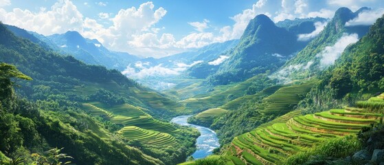 Vast expanses of green rice fields stretch into the distance, with a backdrop of mountains under a bright blue sky background wallpaper AI generated image