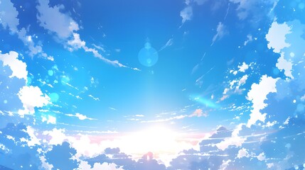 Scenic sky filled with fluffy clouds and a shining sun, bright sunny anime background