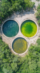 Aerial view of circular treatment ponds surrounded by lush greenery, showcasing vibrant colors in water