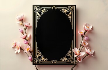 Elegant black flyer mockup with gold foil edges, delicate floral motifs. Mockup for funeral memorial flyers. Floral design adds touch of elegance. Floral elements, golden edges make nice contrast