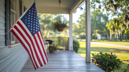 Celebrating Memorial Day with an American flag on a sunny porch. 
