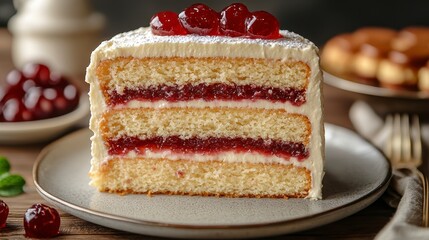 Delicious three-layered cake with cherry filling and cream frosting.