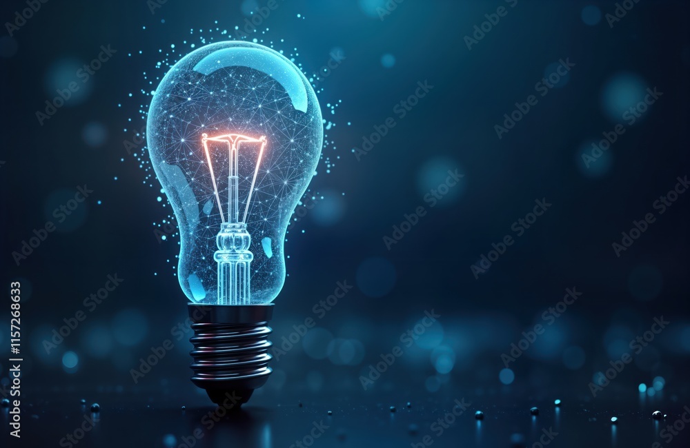 Poster futuristic digital lightbulb glows brightly. abstract wireframe design illuminates. innovation conce