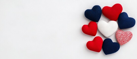 An arrangement of handmade heart cushions in a flatlay style, highlighting an appreciation theme, with a backdrop suitable for adding text or images, referred to as a copy space image.