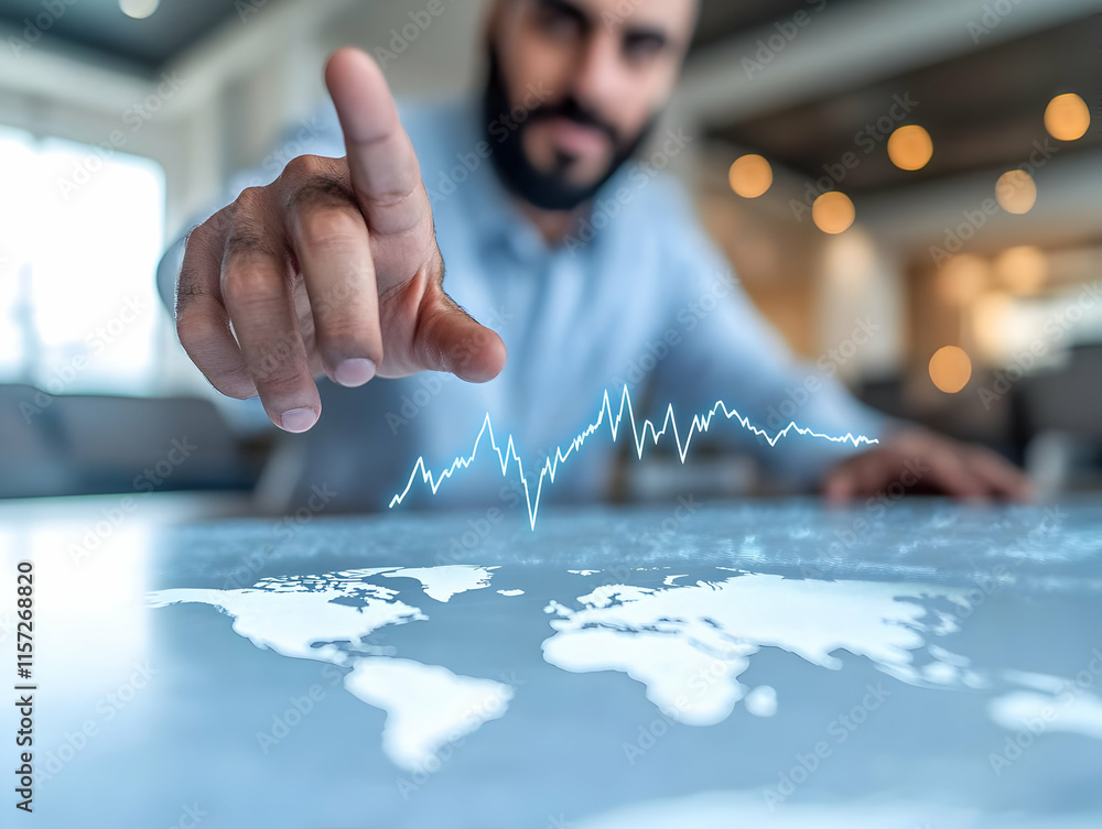 Aufkleber man analyzing global market trends on a digital interface, pointing at a fluctuating graph.