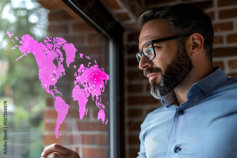 Poster man examining a world map projection on a glass surface, possibly analyzing global data or connectio