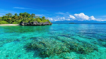 Fototapeta premium Stunning Tropical Seascape with Clear Water, Coral Reefs, and Lush Green Island Paradise