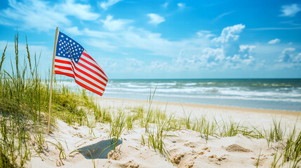 Memorial Day celebration at the beach with American flag and bright skies. 
