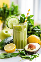 Fototapeta premium Green smoothie made with green apple, cucumber, spinach, avocado and lemon juice in a tall glass