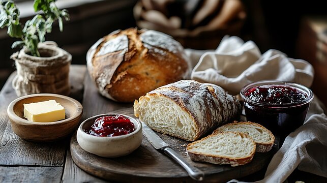 An overhead shot of crusty bread, jam, and butter