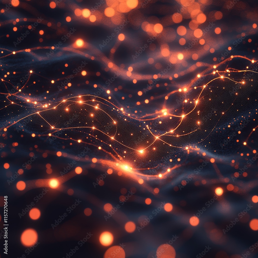Poster vibrant abstract design featuring luminous orange particles flowing through a dark wave-like structu