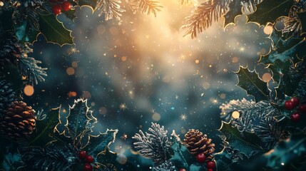 Fototapeta premium Beautiful Winter Composition With Pine Branches, Holly, and Soft Lights Creating a Festive Atmosphere During the Holiday Season