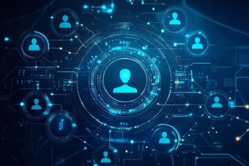 Obraz premium Digital illustration futuristic interface dark blue background center connected world human resources