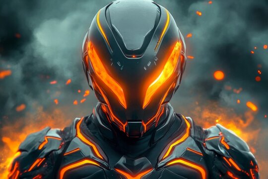 Digital illustration futuristic helmet armor predominantly black orange zed character