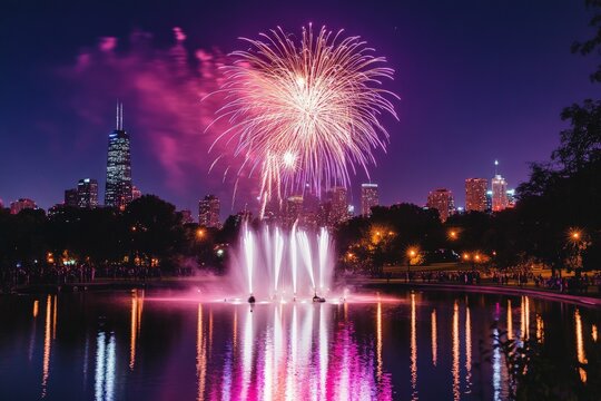 A dramatic urban scene with a vibrant display of fireworks lighting up the night sky, reflecting on a city pond, with skyscrapers creating an impressive backdrop.