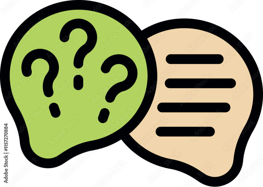 Poster green and beige speech bubbles representing online chatting, featuring question marks and text lines