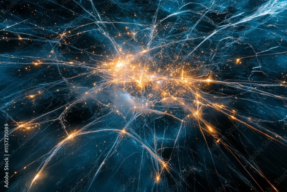 Poster Intricate strands of golden light emanate from a central point, resembling cosmic networks against a bluish backdrop, evoking a sense of wonder and connection.