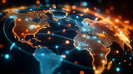 Digital illustration world map dark background made up Global logistics network concept
