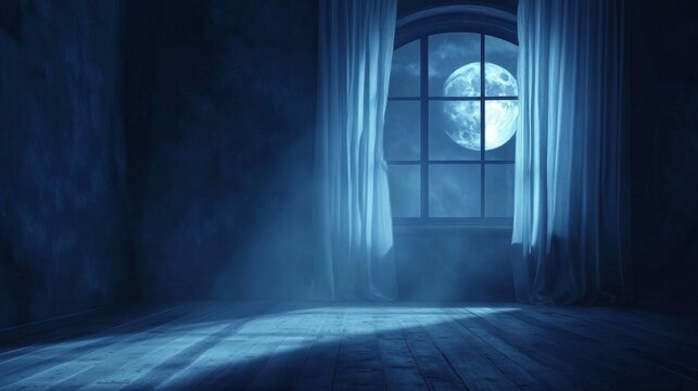 Empty room large window right side is covered moonlight rays shining through