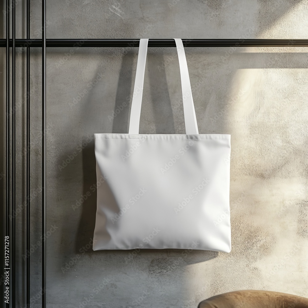 Poster simple white tote bag hanging on a modern display rack with neutral background and soft lighting in 