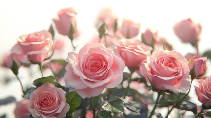 Close-up of a variety of pink and red roses on a white background, including stems and leaves