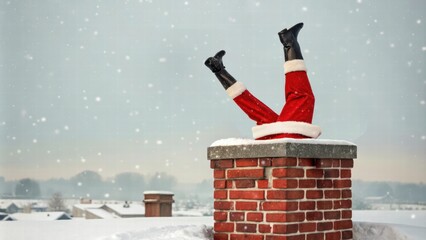Goofy santa. Santa Stuck in Chimney on Snowy Rooftop