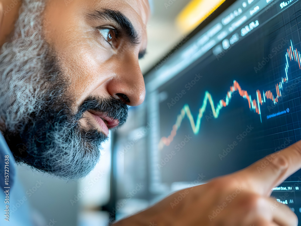 Aufkleber focused businessman analyzing stock market data on computer screen, pointing at fluctuating graph.