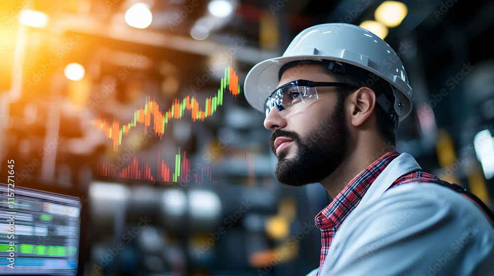 Poster focused engineer in factory analyzes data graph on computer screen, wearing safety glasses and helme