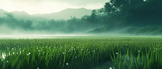 Fototapeta premium Natural landscape image with rice fields at the foot of the mountains. The rice fields are fresh green, background wallpaper AI generated image