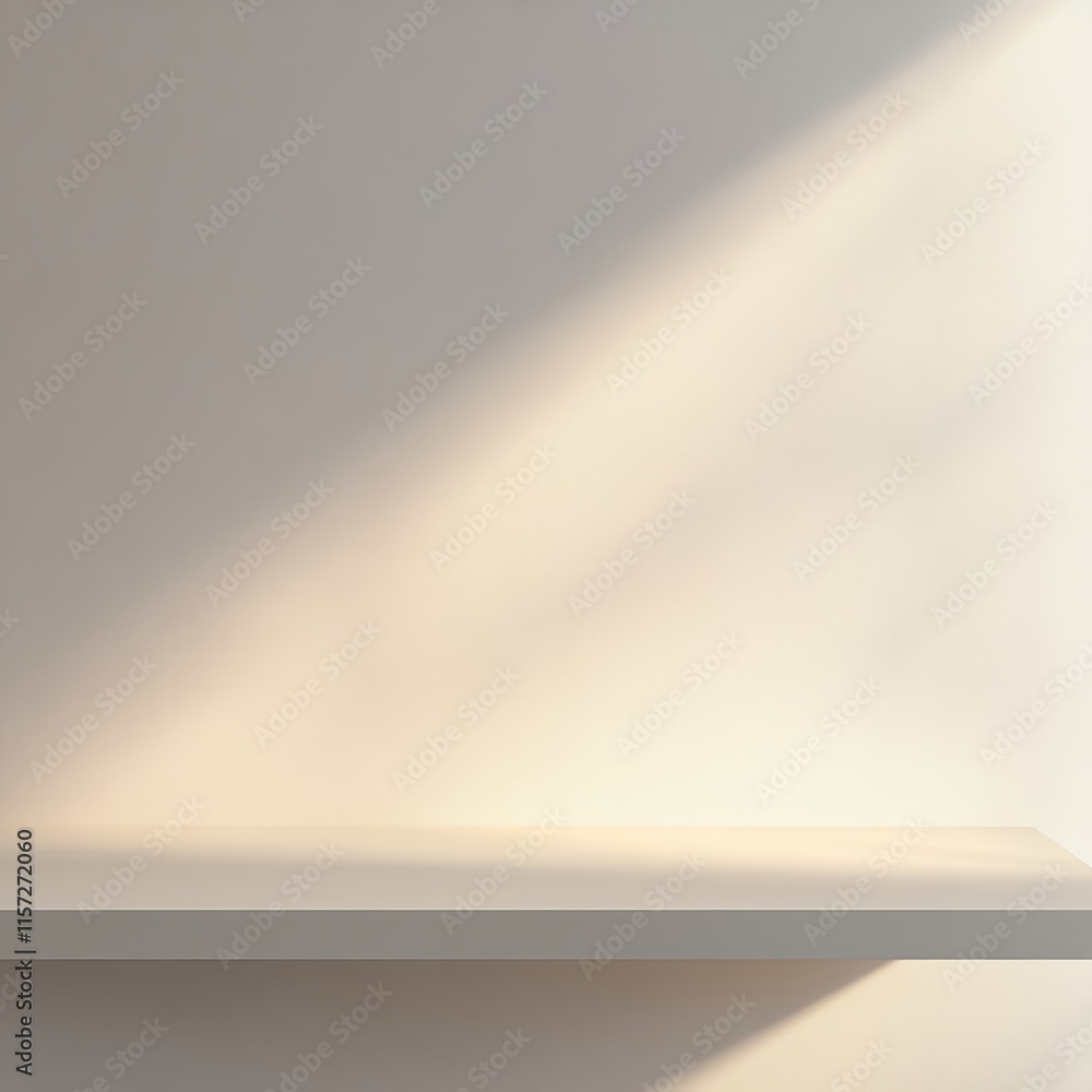 Poster bright sunlight casts soft shadows on a minimalistic shelf against a neutral background in a serene 