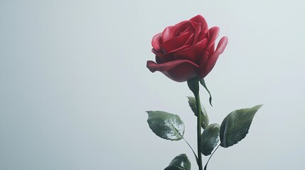 A stunning solitary red rose stands out against a clean white backdrop