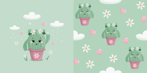 Children's set. Background and seamless pattern with funny cactus. Vector design for baby bedding, fabric, wallpaper, wrapping paper and more
