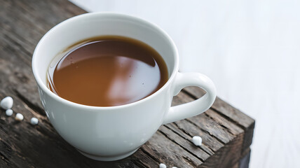 A photo of a white cup with a brown liquid. The cup is placed on a wooden surface.