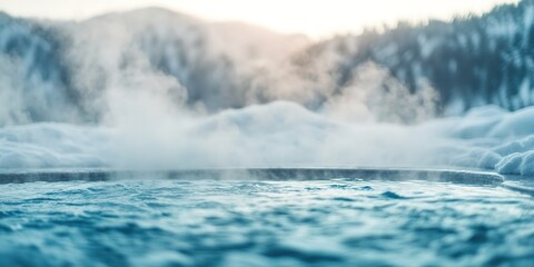 Obraz premium Steam rises from serene hot spring, surrounded by snow-covered m