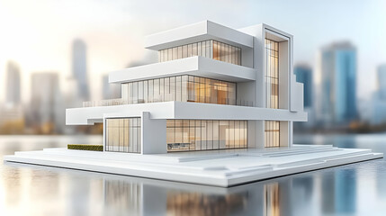 Modern white house architectural model on water, city backdrop.