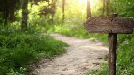 Rustic Wooden Signpost on Forest Trail,  Nature Pathway with Sunlight Filtering Through Greenery, Forest Trail Direction Sign