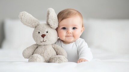 Fototapeta premium Adorable Baby Smiling with Soft Plush Bunny Toy on a Cozy Bed in Soft Natural Light