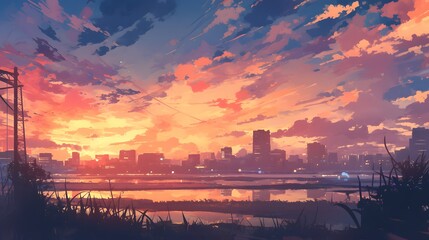 Fototapeta premium Serene sunset over a cityscape in anime watercolor style